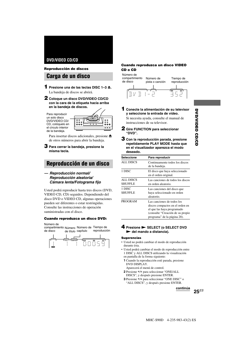 Carga de un disco, Reproducción de un disco, Dvd/video cd/cd | Sony MHC-S90D User Manual | Page 177 / 228