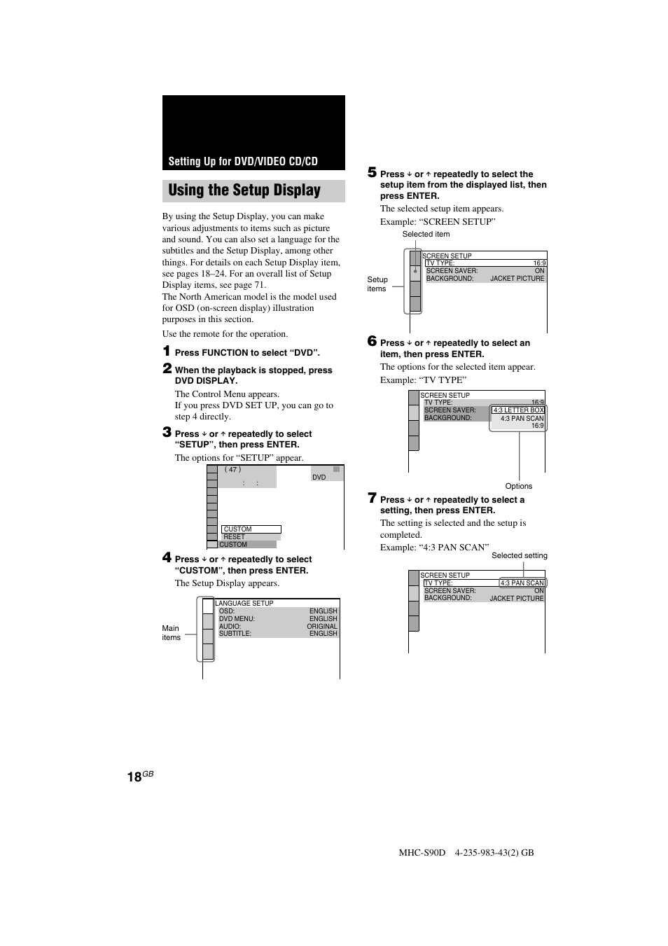 Using the setup display, Setting up for dvd/video cd/cd | Sony MHC-S90D User Manual | Page 18 / 228