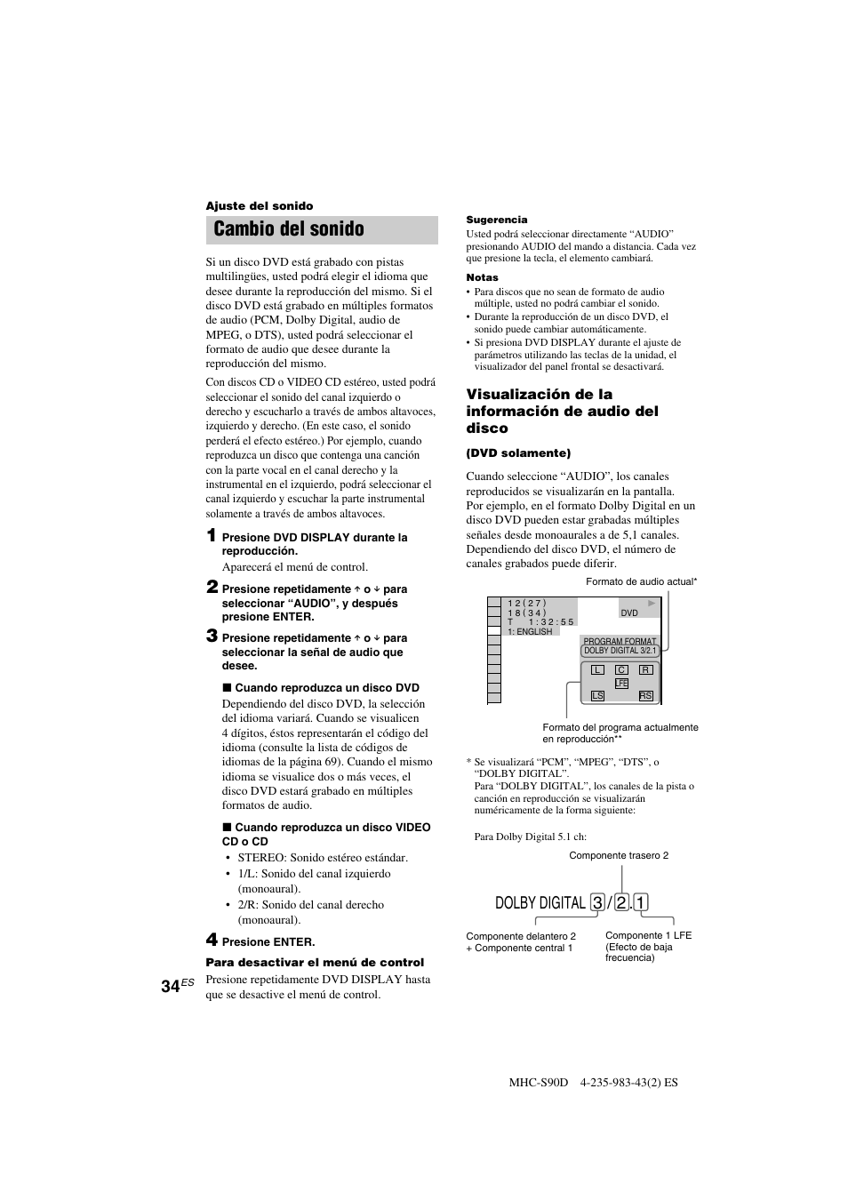 Cambio del sonido, Dolby digital 3 / 2 | Sony MHC-S90D User Manual | Page 186 / 228