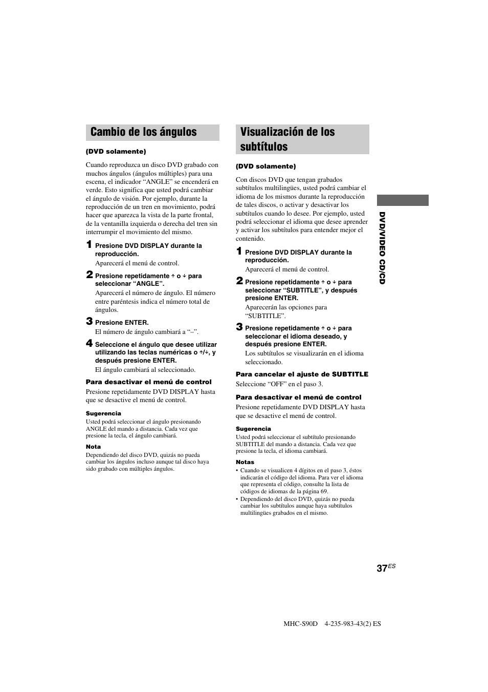 Cambio de los ángulos, Visualización de los subtítulos | Sony MHC-S90D User Manual | Page 189 / 228