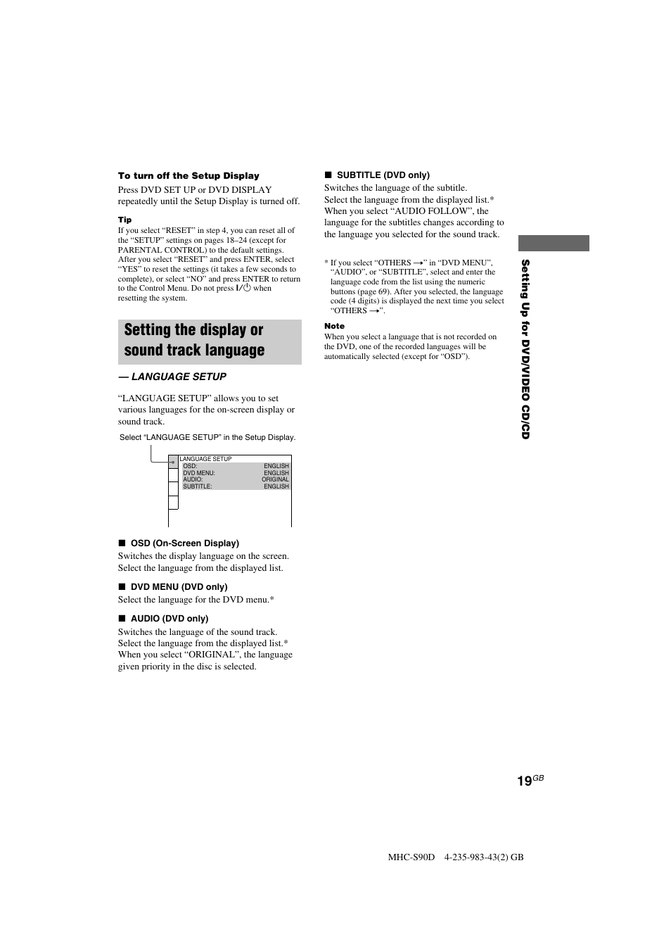 Setting the display or sound track language | Sony MHC-S90D User Manual | Page 19 / 228