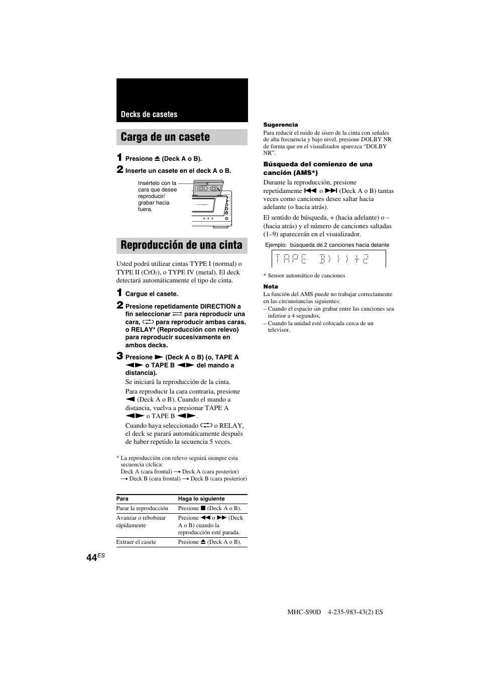 Carga de un casete, Reproducción de una cinta, Decks de casetes | Sony MHC-S90D User Manual | Page 196 / 228