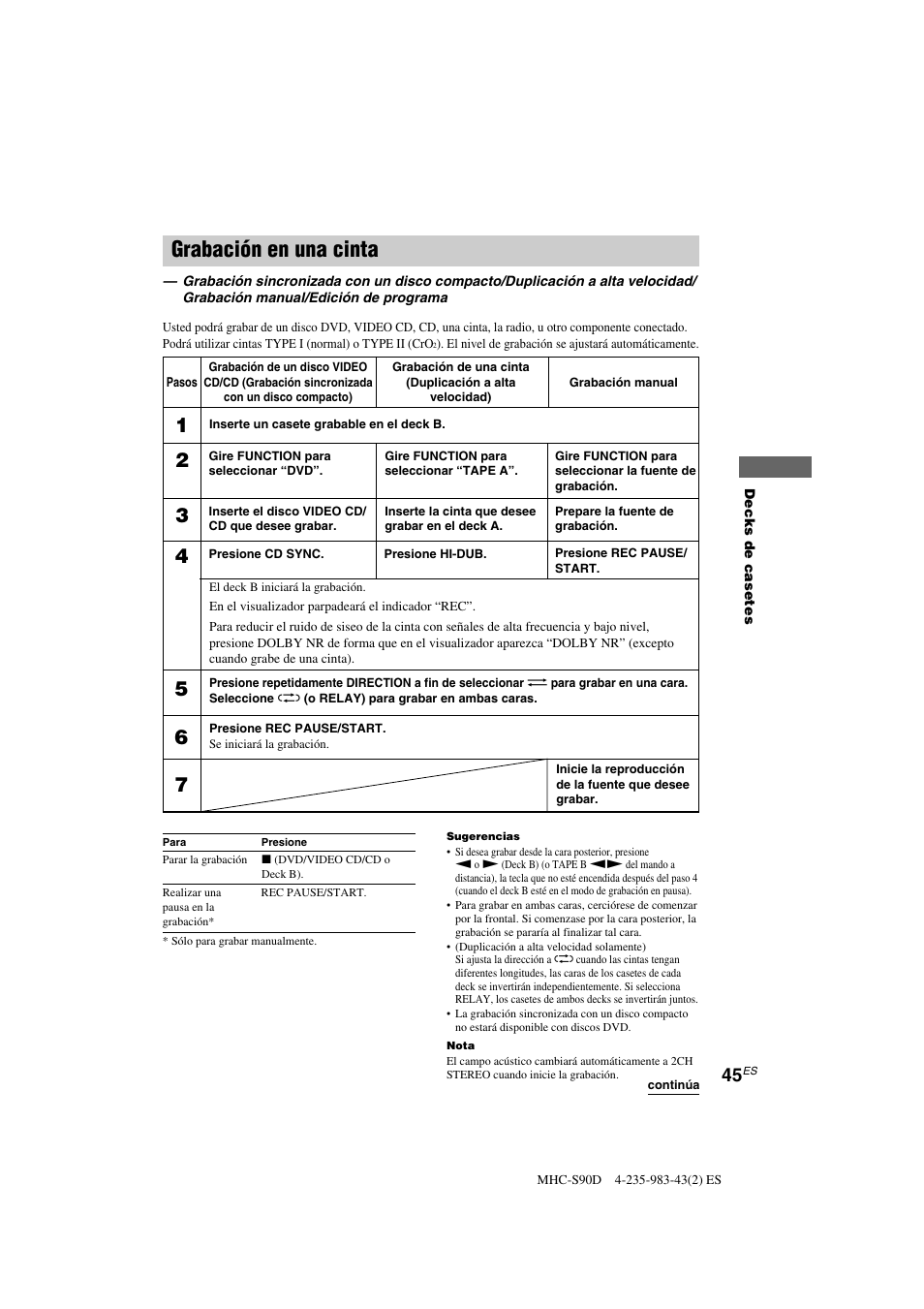 Grabación en una cinta | Sony MHC-S90D User Manual | Page 197 / 228