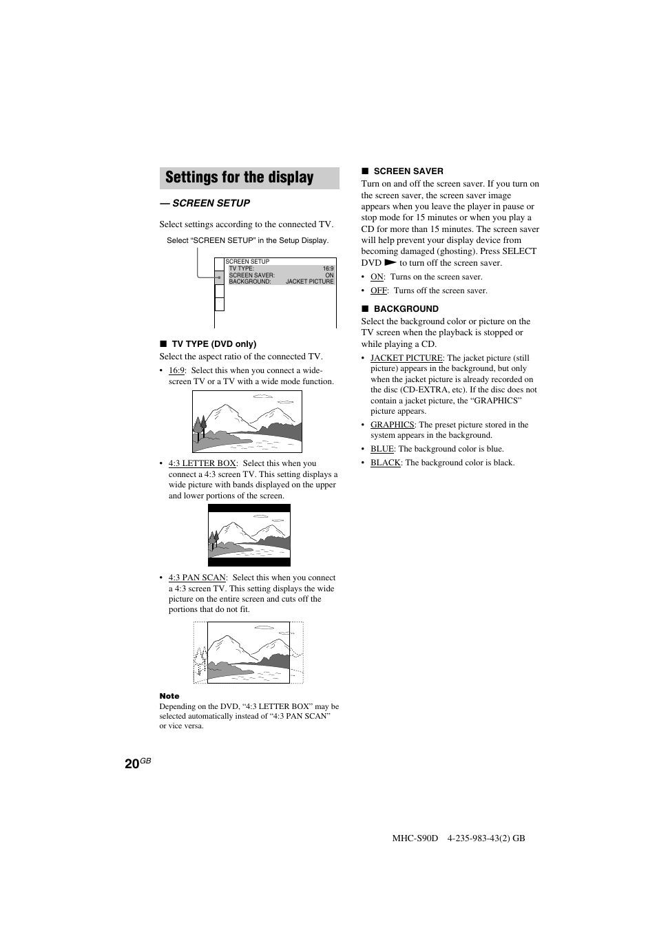Settings for the display | Sony MHC-S90D User Manual | Page 20 / 228