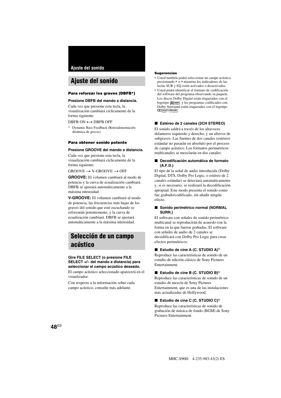 Ajuste del sonido, Selección de un campo acústico | Sony MHC-S90D User Manual | Page 200 / 228