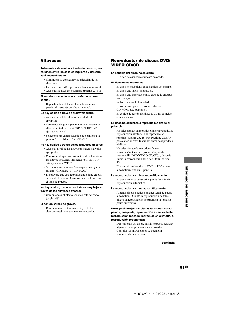 Altavoces, Reproductor de discos dvd/ video cd/cd | Sony MHC-S90D User Manual | Page 213 / 228