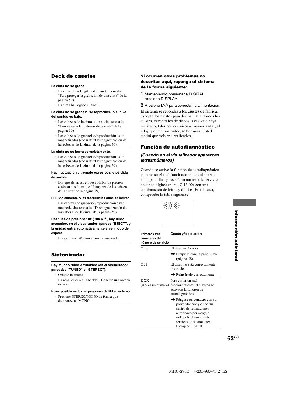 Función de autodiagnóstico, Deck de casetes, Sintonizador | Sony MHC-S90D User Manual | Page 215 / 228