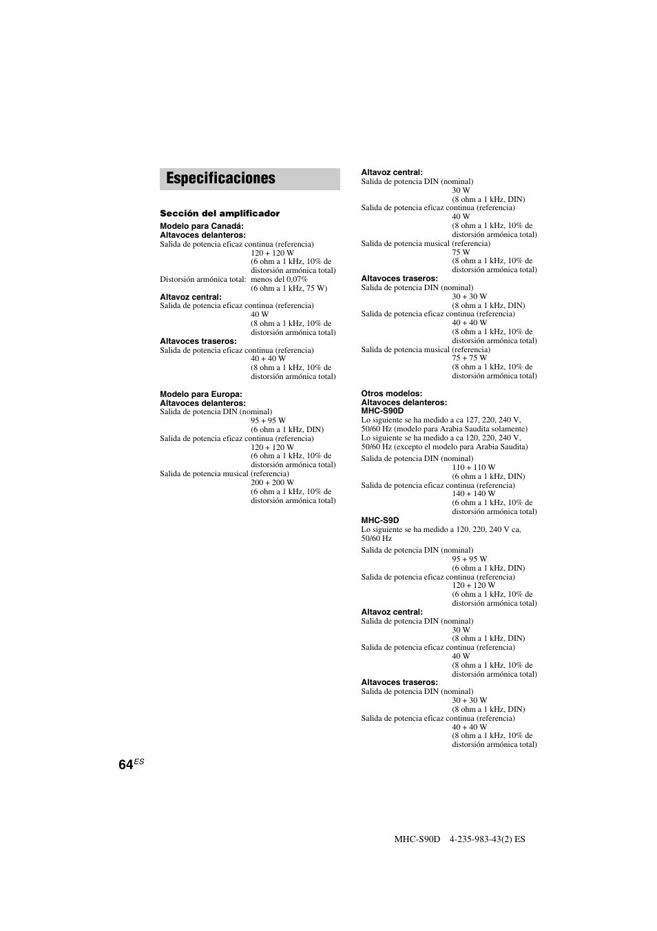 Especificaciones | Sony MHC-S90D User Manual | Page 216 / 228