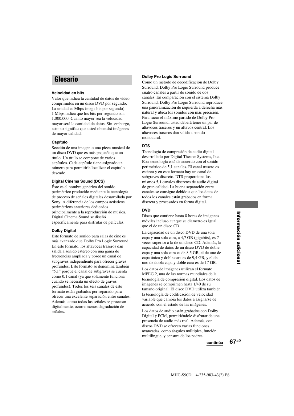 Glosario | Sony MHC-S90D User Manual | Page 219 / 228