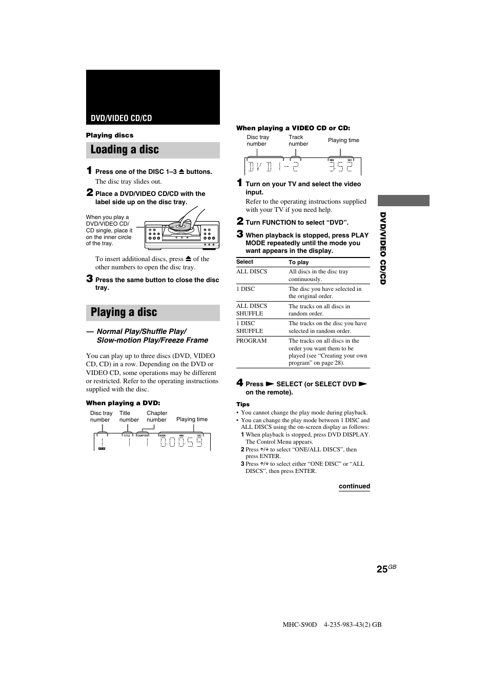 Loading a disc, Playing a disc, Dvd/video cd/cd | Sony MHC-S90D User Manual | Page 25 / 228