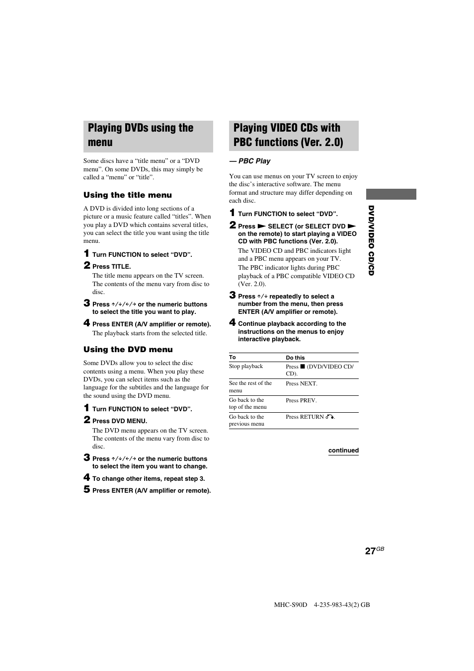 Playing dvds using the menu, Playing video cds with pbc functions (ver. 2.0) | Sony MHC-S90D User Manual | Page 27 / 228