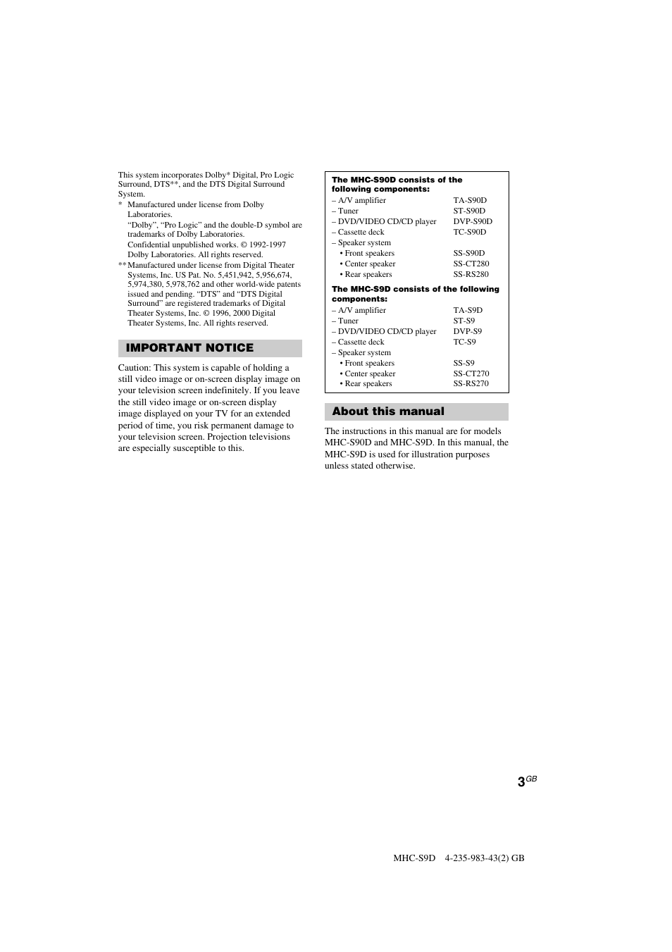 Important notice, About this manual | Sony MHC-S90D User Manual | Page 3 / 228
