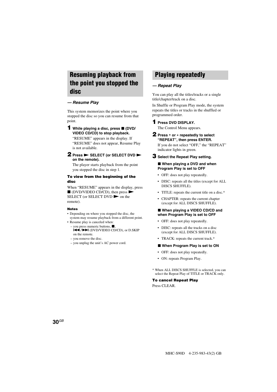 Playing repeatedly | Sony MHC-S90D User Manual | Page 30 / 228