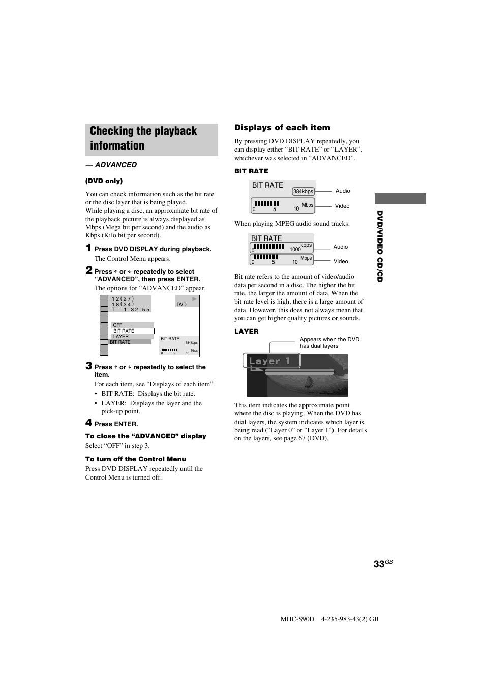 Checking the playback information, Displays of each item | Sony MHC-S90D User Manual | Page 33 / 228