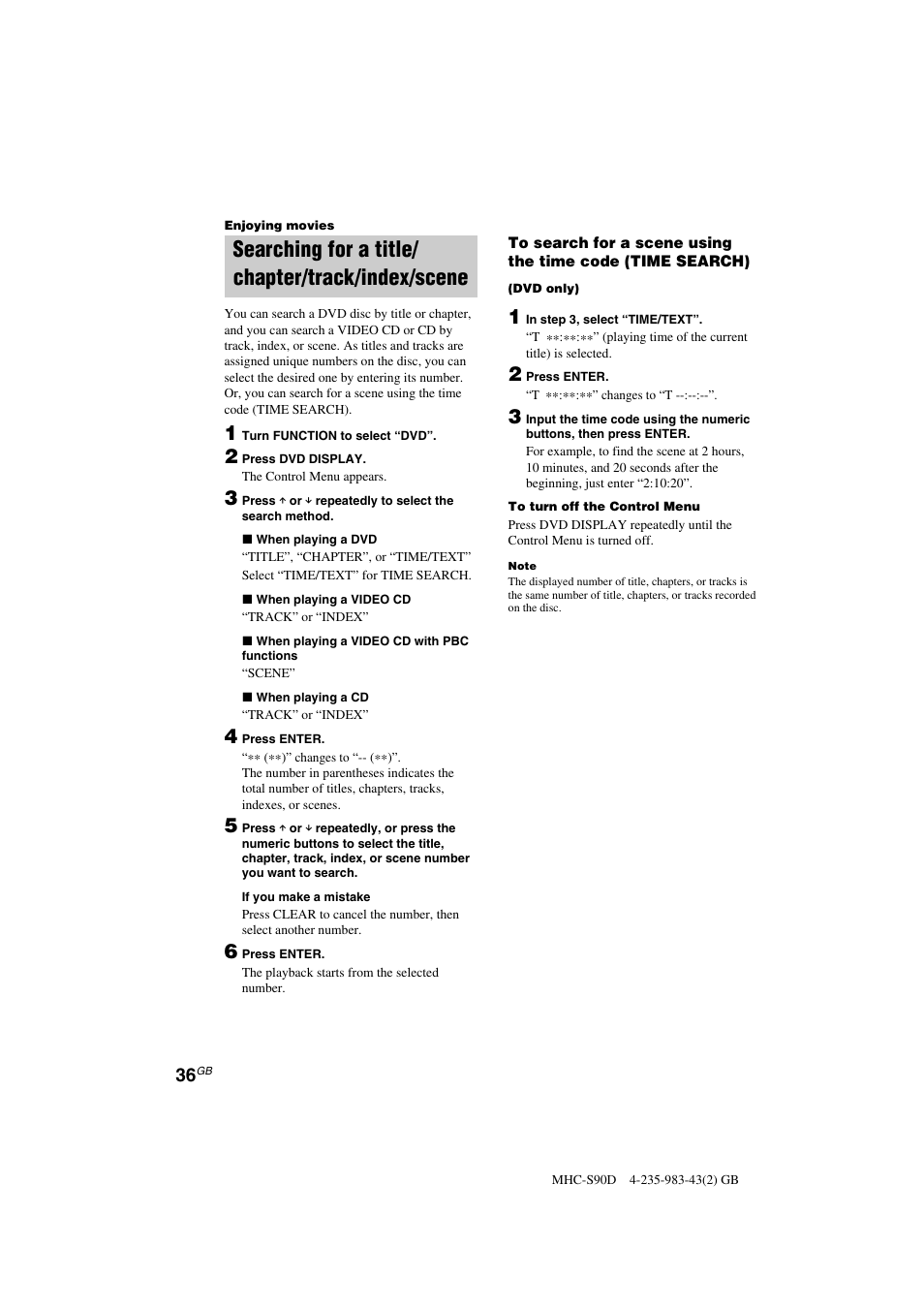 Searching for a title/ chapter/track/index/scene | Sony MHC-S90D User Manual | Page 36 / 228