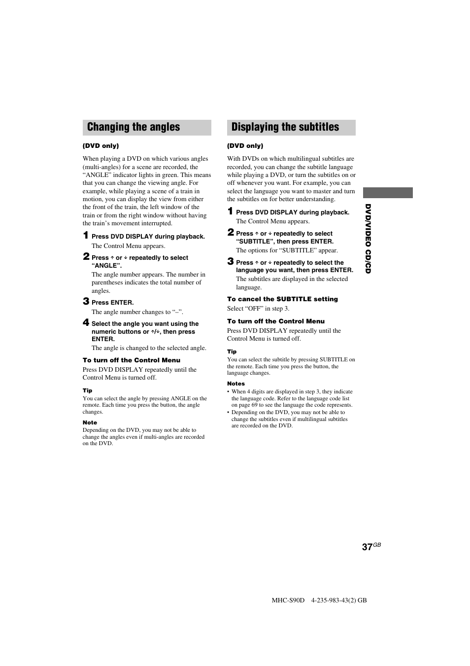 Changing the angles, Displaying the subtitles | Sony MHC-S90D User Manual | Page 37 / 228