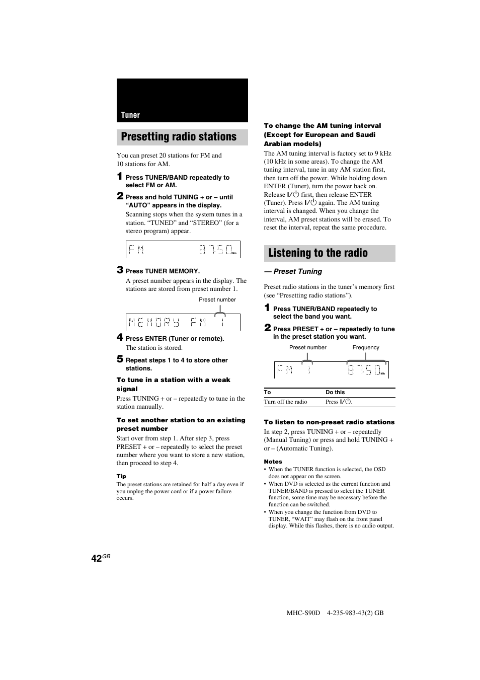Presetting radio stations, Listening to the radio | Sony MHC-S90D User Manual | Page 42 / 228