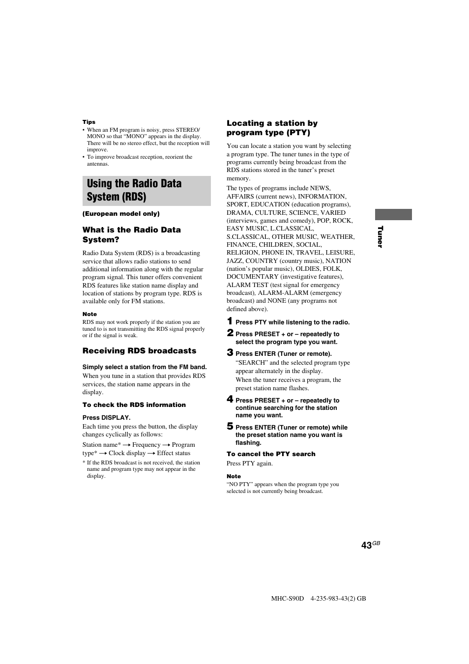 Using the radio data system (rds) | Sony MHC-S90D User Manual | Page 43 / 228