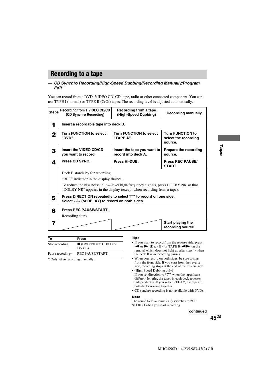 Recording to a tape | Sony MHC-S90D User Manual | Page 45 / 228