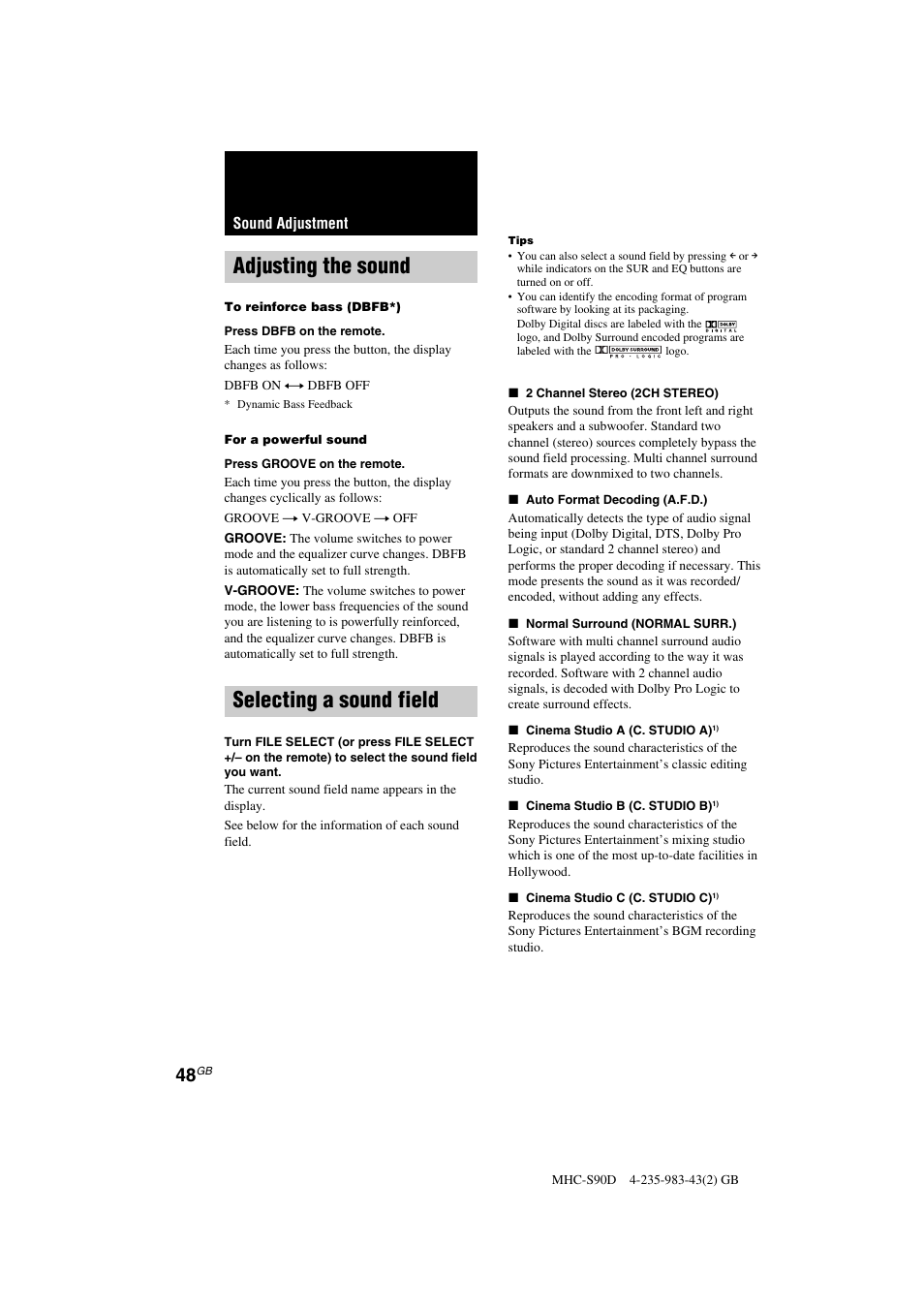 Adjusting the sound, Selecting a sound field | Sony MHC-S90D User Manual | Page 48 / 228