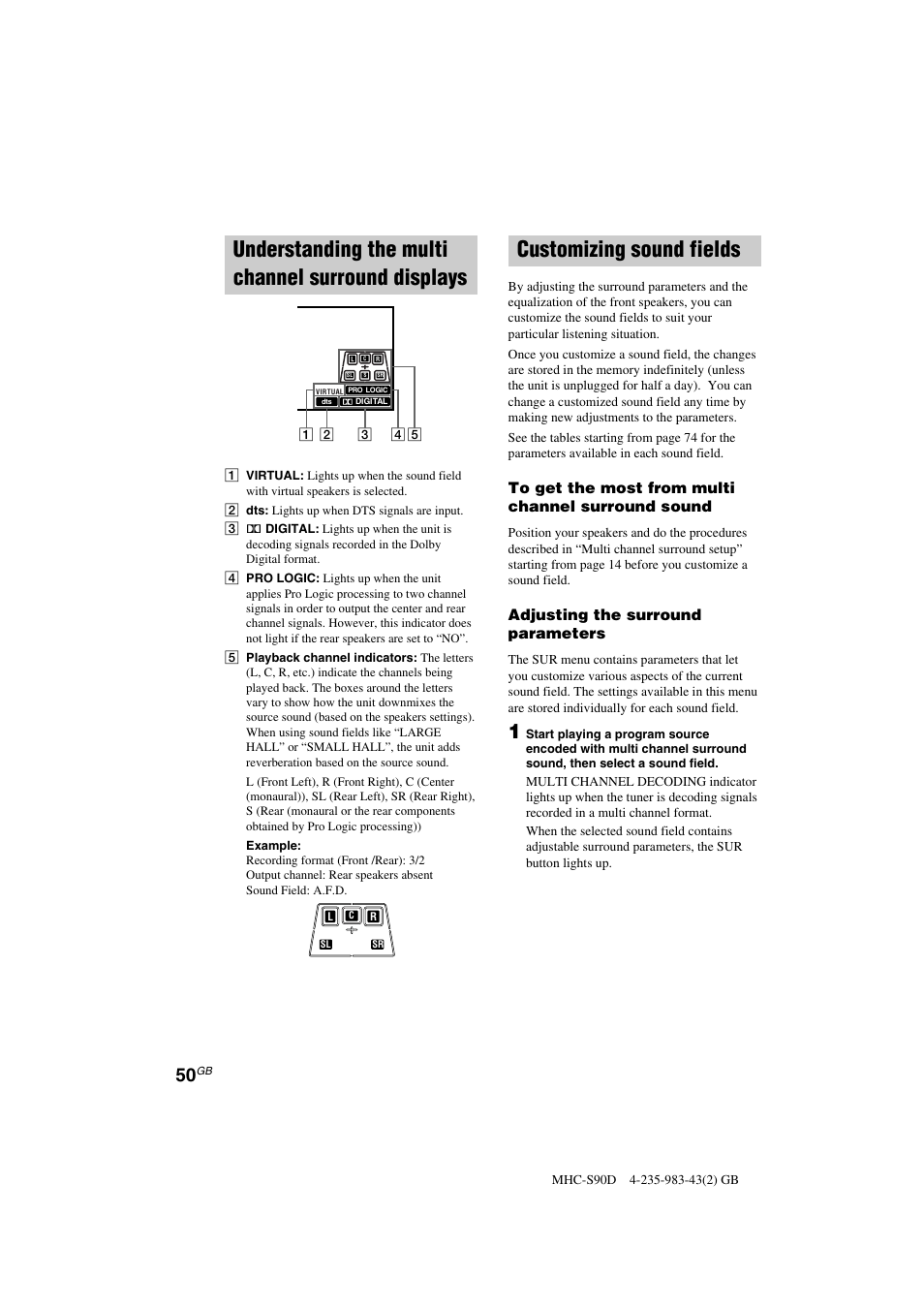 Understanding the multi channel surround displays, Customizing sound fields, Adjusting the surround parameters | Sony MHC-S90D User Manual | Page 50 / 228