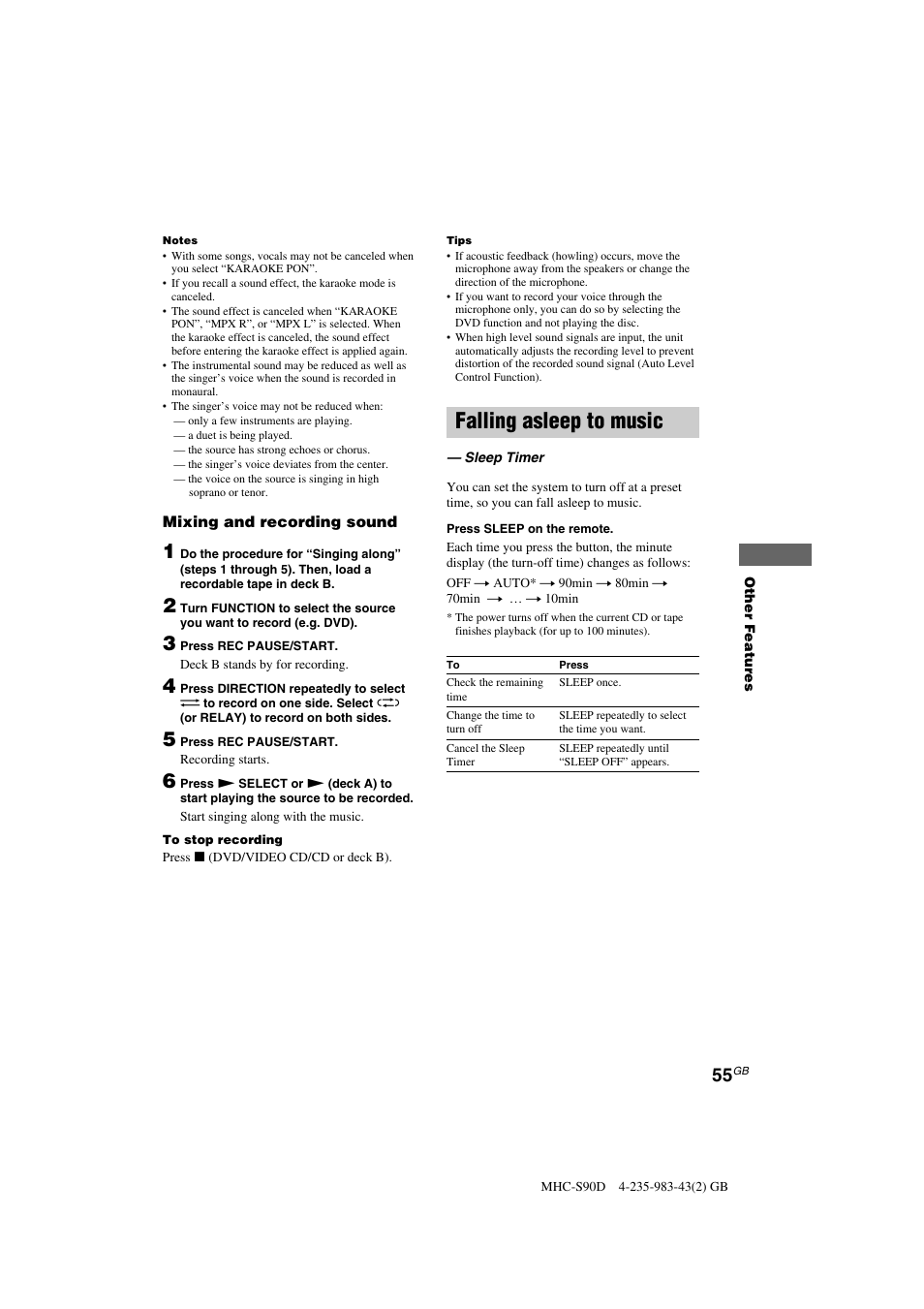 Falling asleep to music | Sony MHC-S90D User Manual | Page 55 / 228