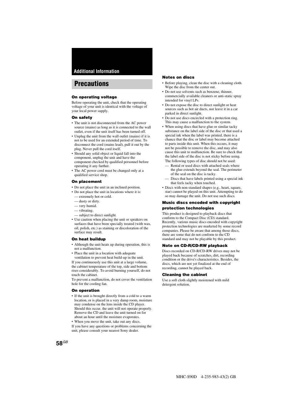 Precautions, Additional information | Sony MHC-S90D User Manual | Page 58 / 228