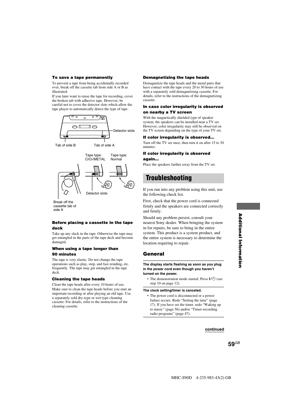 Troubleshooting, General | Sony MHC-S90D User Manual | Page 59 / 228