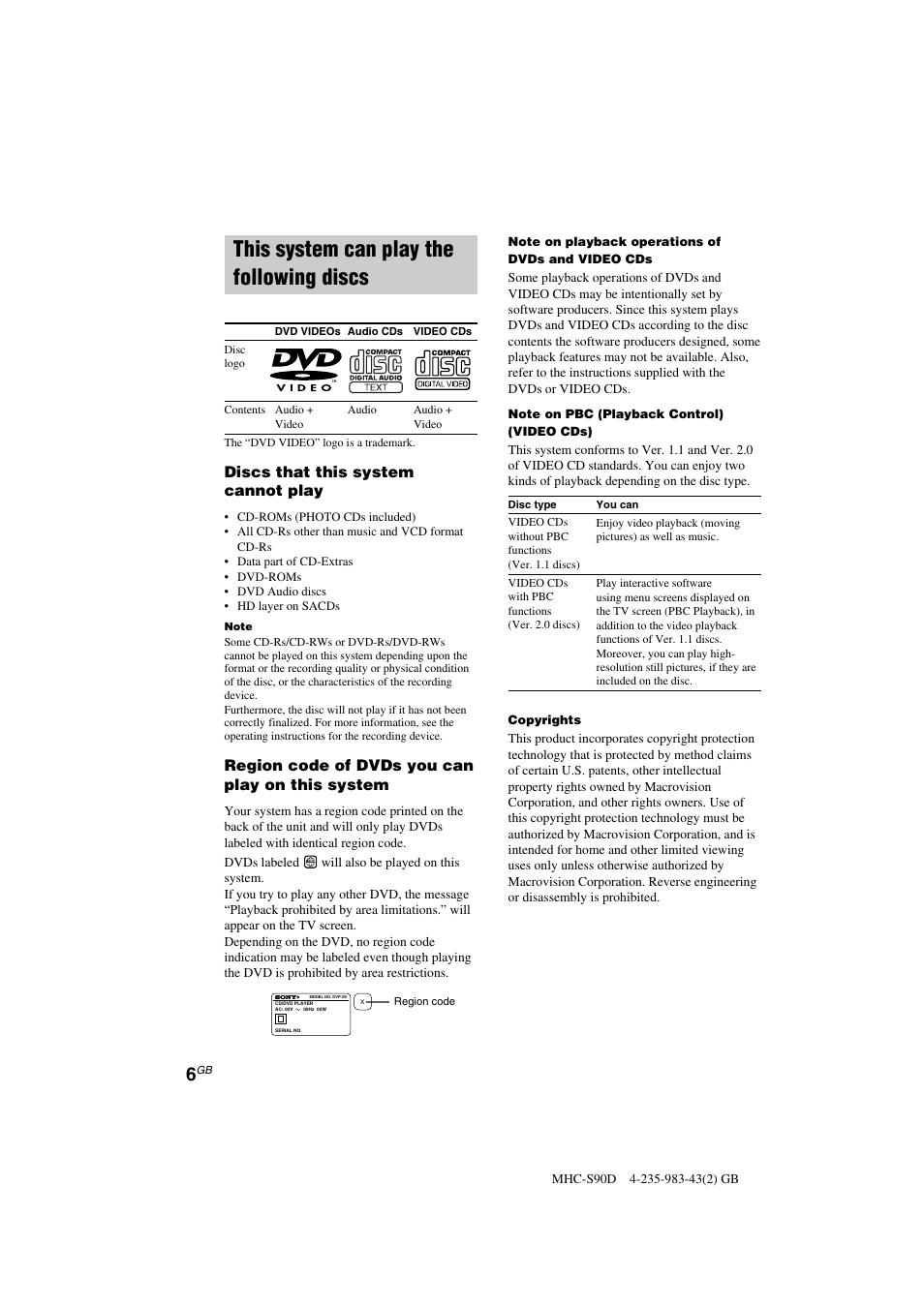 This system can play the following discs, Discs that this system cannot play, Region code of dvds you can play on this system | Sony MHC-S90D User Manual | Page 6 / 228