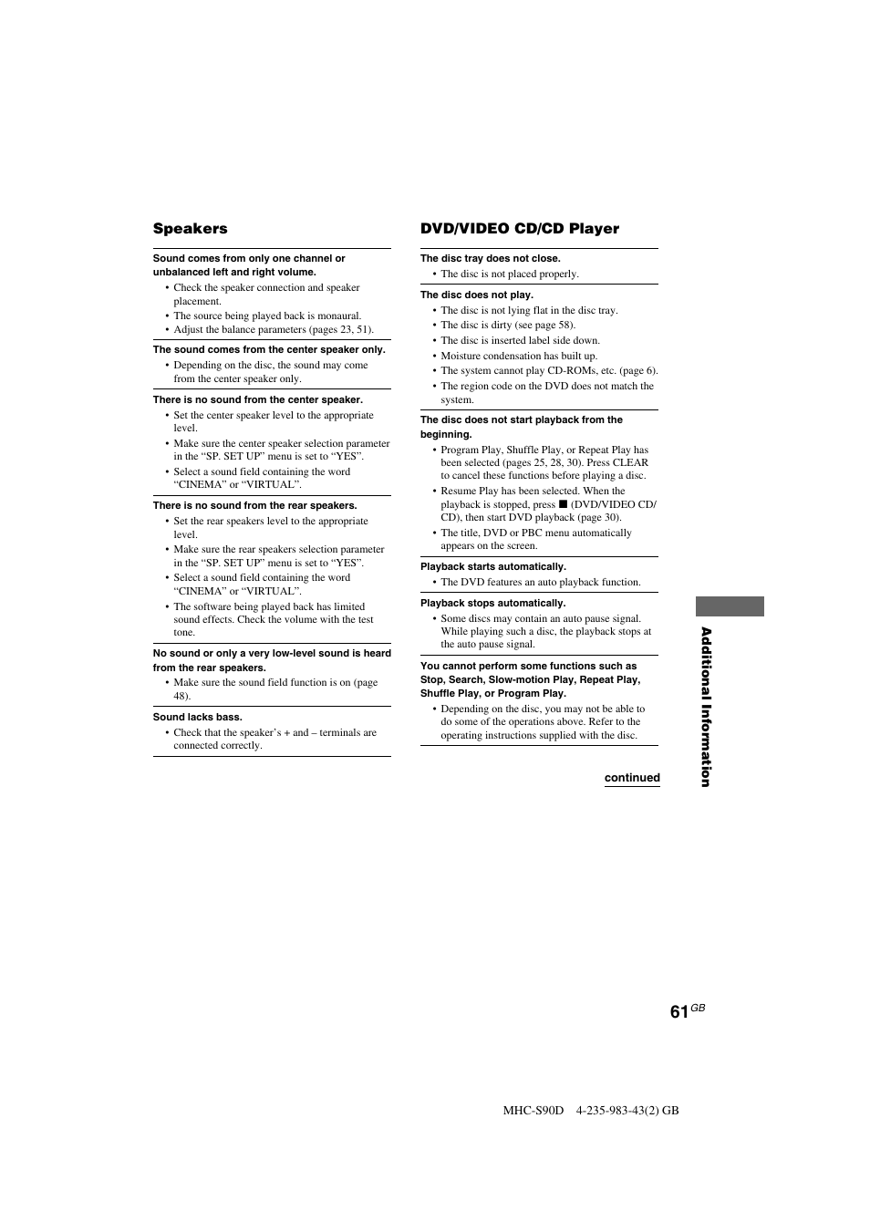 Speakers, Dvd/video cd/cd player | Sony MHC-S90D User Manual | Page 61 / 228