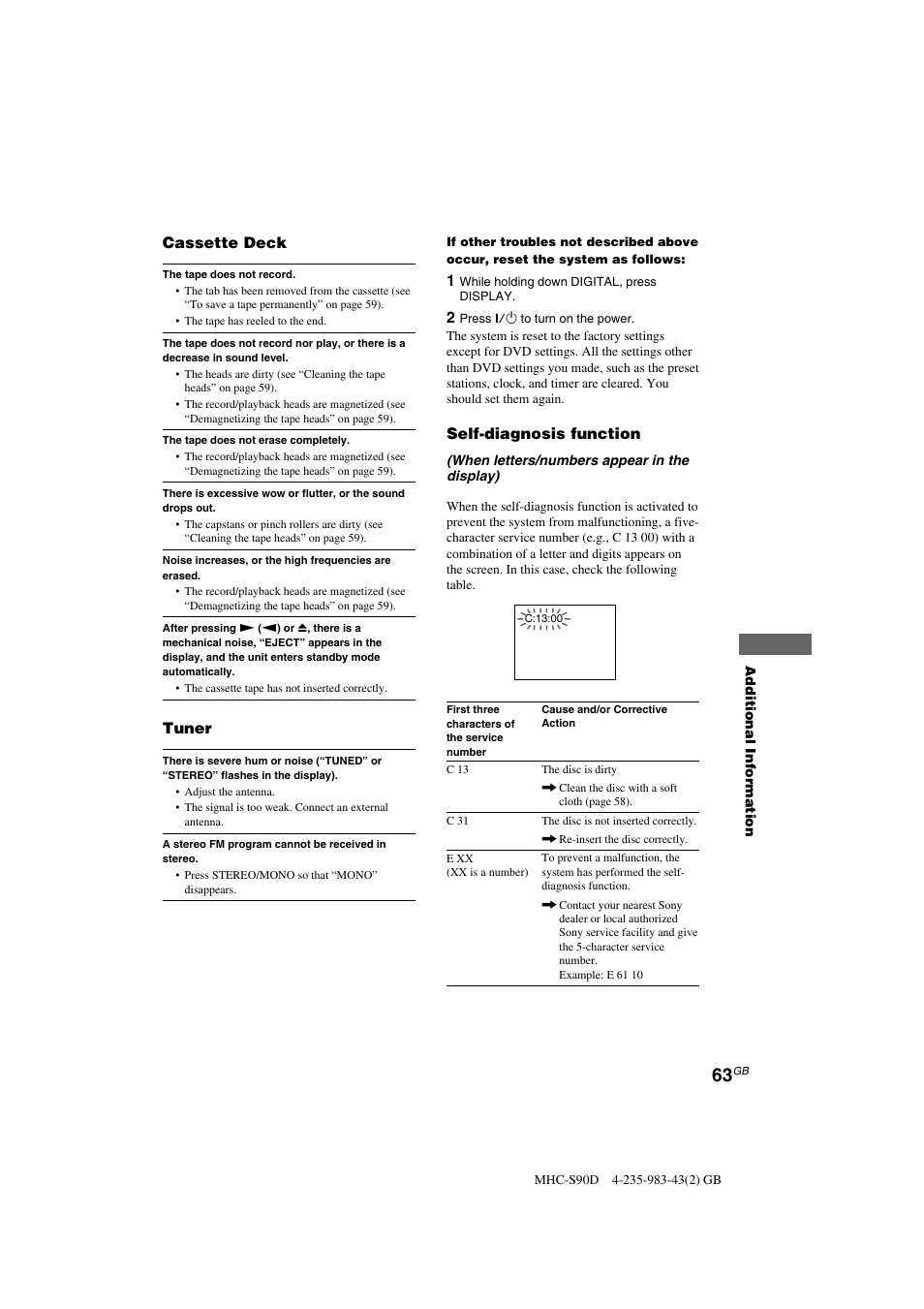 Cassette deck, Tuner, Self-diagnosis function | Sony MHC-S90D User Manual | Page 63 / 228
