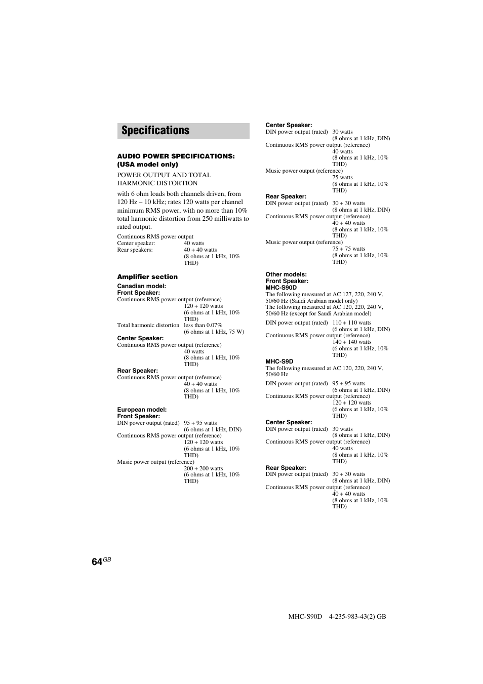 Specifications | Sony MHC-S90D User Manual | Page 64 / 228