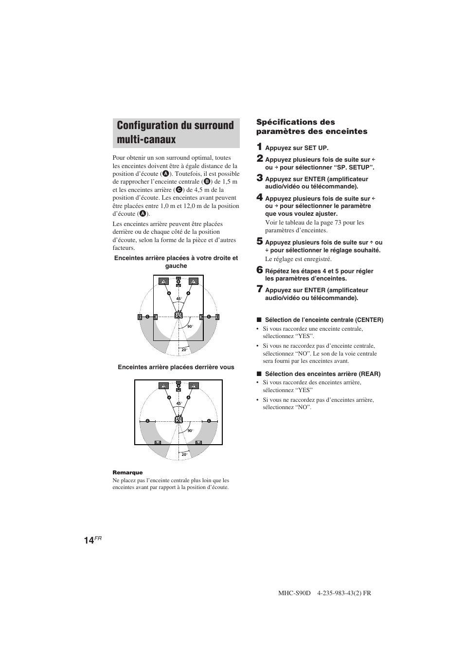 Configuration du surround multi-canaux, Spécifications des paramètres des enceintes | Sony MHC-S90D User Manual | Page 90 / 228