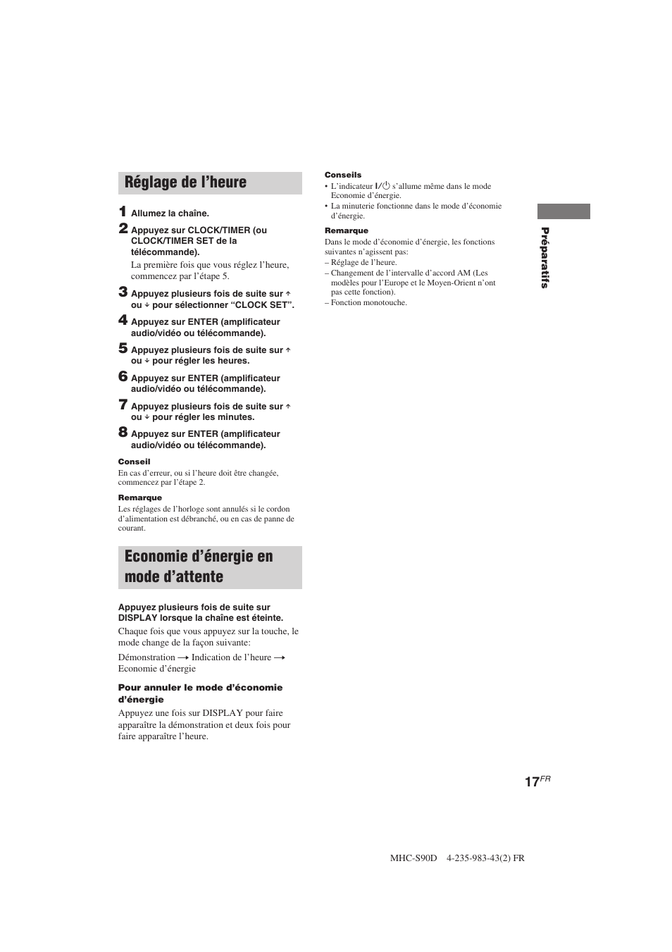 Réglage de l’heure, Economie d’énergie en mode d’attente | Sony MHC-S90D User Manual | Page 93 / 228
