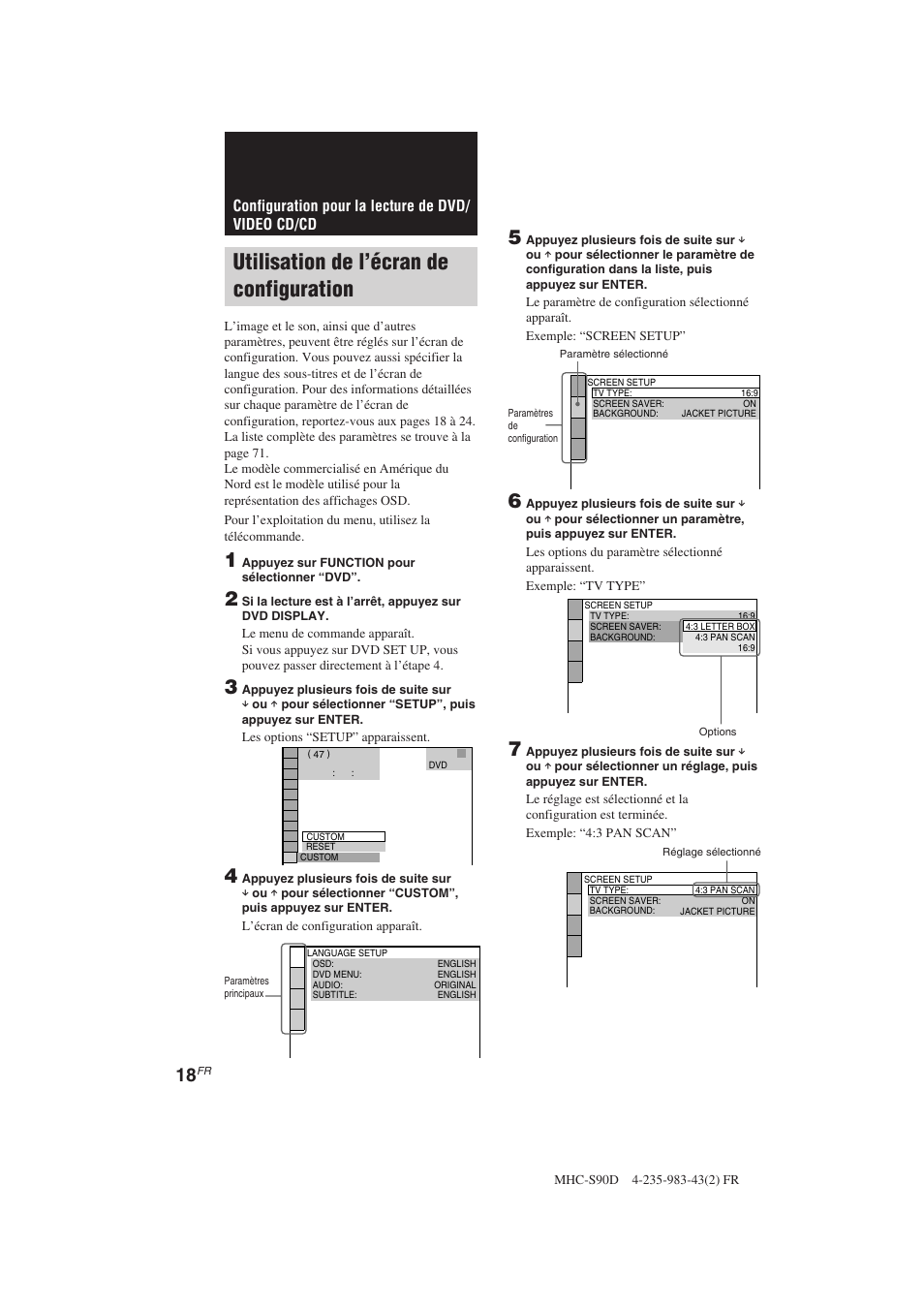 Utilisation de l’écran de configuration, Configuration pour la lecture de dvd/ video cd/cd | Sony MHC-S90D User Manual | Page 94 / 228