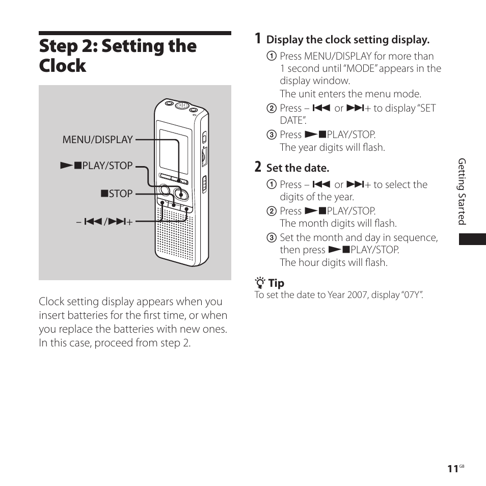 Step 2: setting the clock | Sony ICD-P520 User Manual | Page 11 / 56