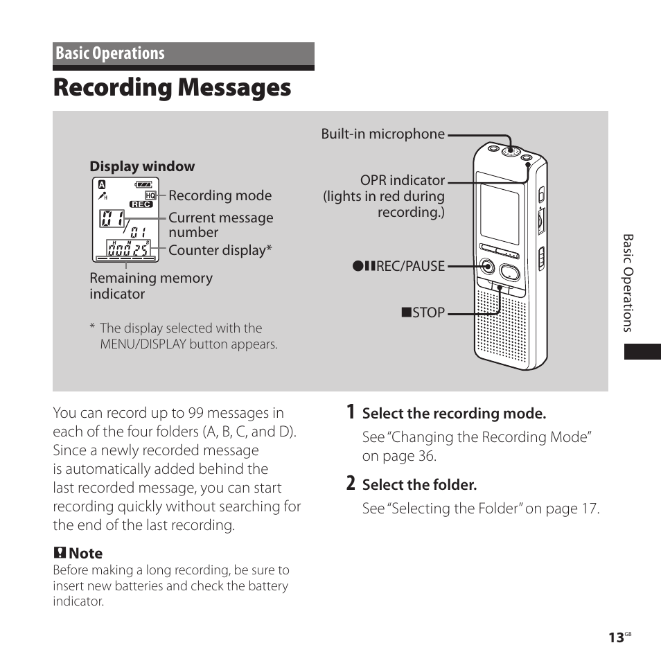 Basic operations, Recording messages | Sony ICD-P520 User Manual | Page 13 / 56