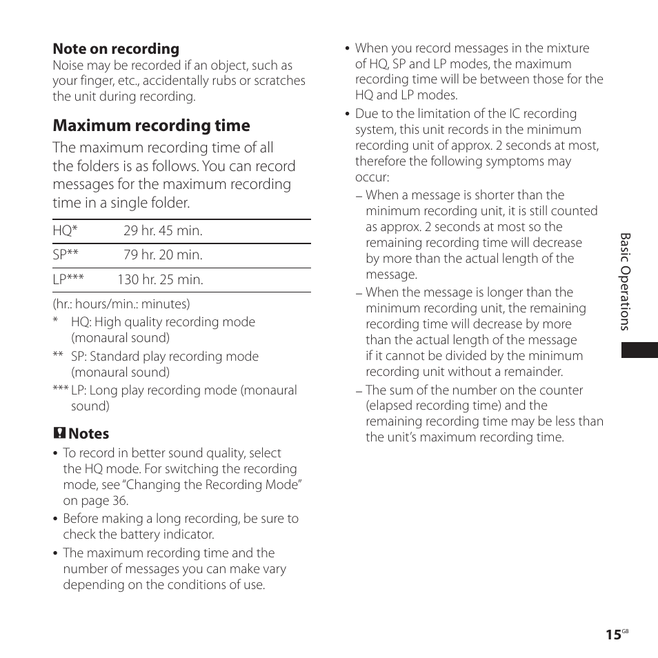 Maximum recording time | Sony ICD-P520 User Manual | Page 15 / 56