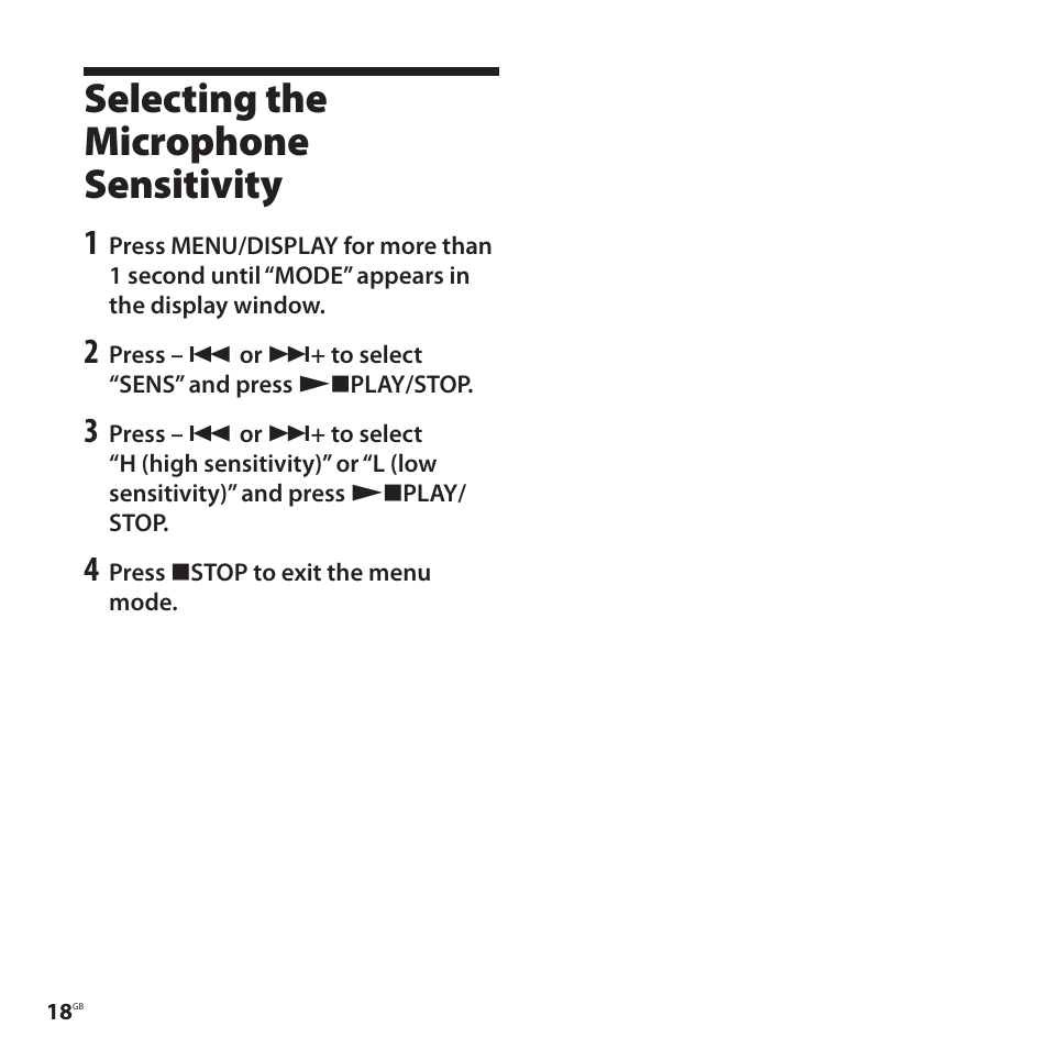 Selecting the microphone sensitivity, Selecting the microphone, Sensitivity | Sony ICD-P520 User Manual | Page 18 / 56