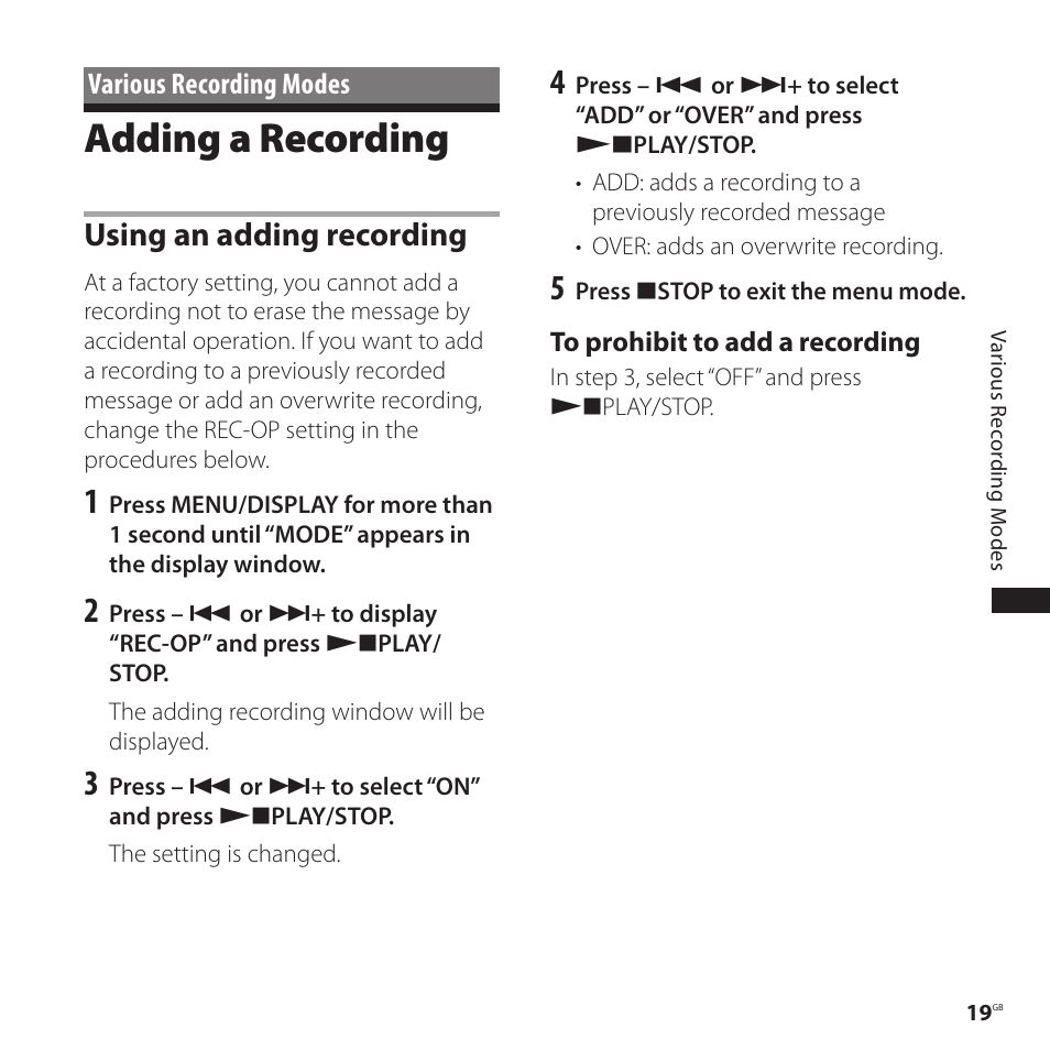 Various recording modes, Adding a recording, Using an adding recording | Sony ICD-P520 User Manual | Page 19 / 56