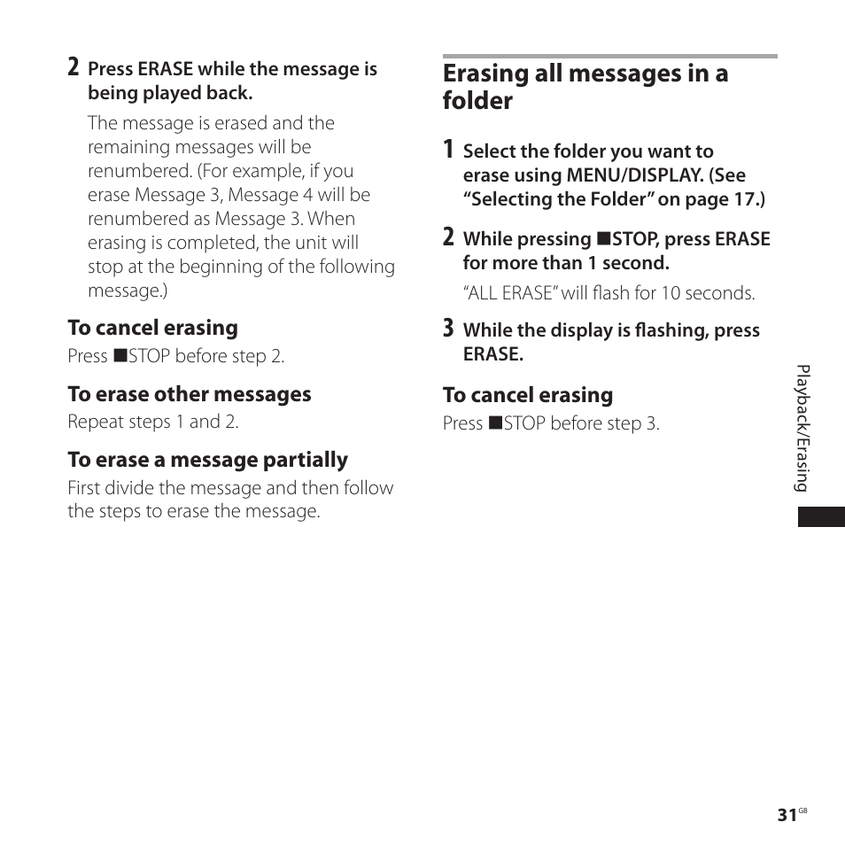 Erasing all messages in a folder | Sony ICD-P520 User Manual | Page 31 / 56