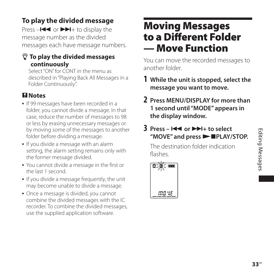 Moving messages to a different folder, Move function | Sony ICD-P520 User Manual | Page 33 / 56