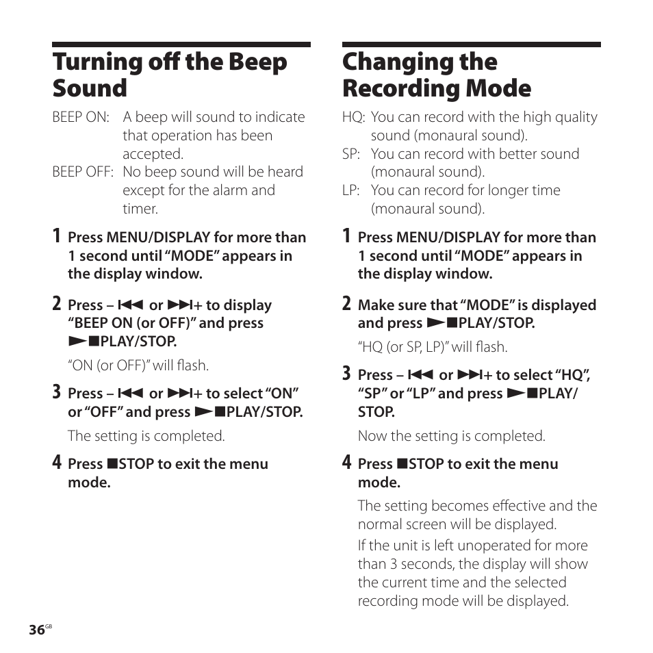 Turning off the beep sound, Changing the recording mode | Sony ICD-P520 User Manual | Page 36 / 56