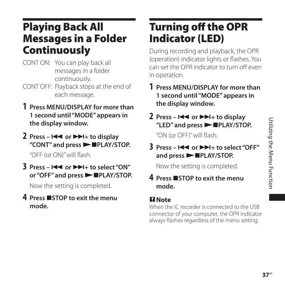 Playing back all messages in a folder continuously, Turning off the opr indicator (led), Playing back all messages in a folder | Continuously turning off the opr indicator, Led) | Sony ICD-P520 User Manual | Page 37 / 56