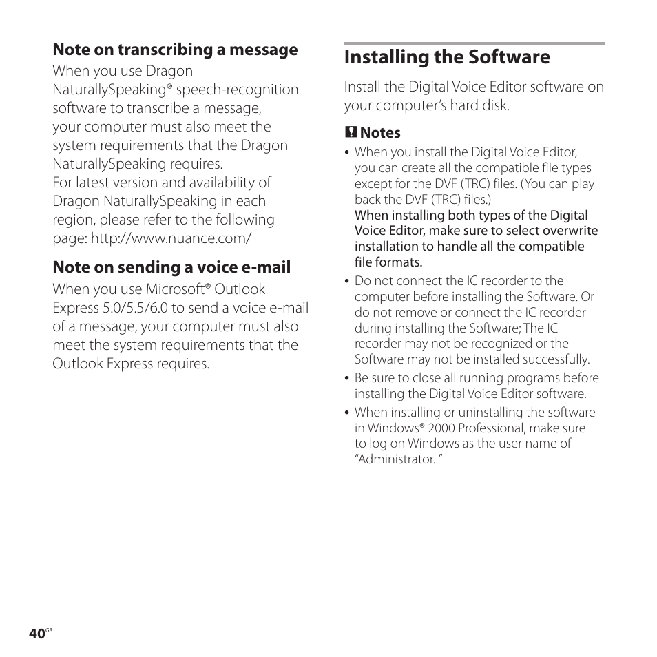 Installing the software | Sony ICD-P520 User Manual | Page 40 / 56