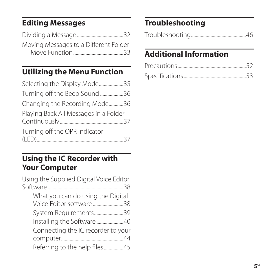 Editing messages, Utilizing the menu function, Using the ic recorder with your computer | Troubleshooting, Additional information | Sony ICD-P520 User Manual | Page 5 / 56