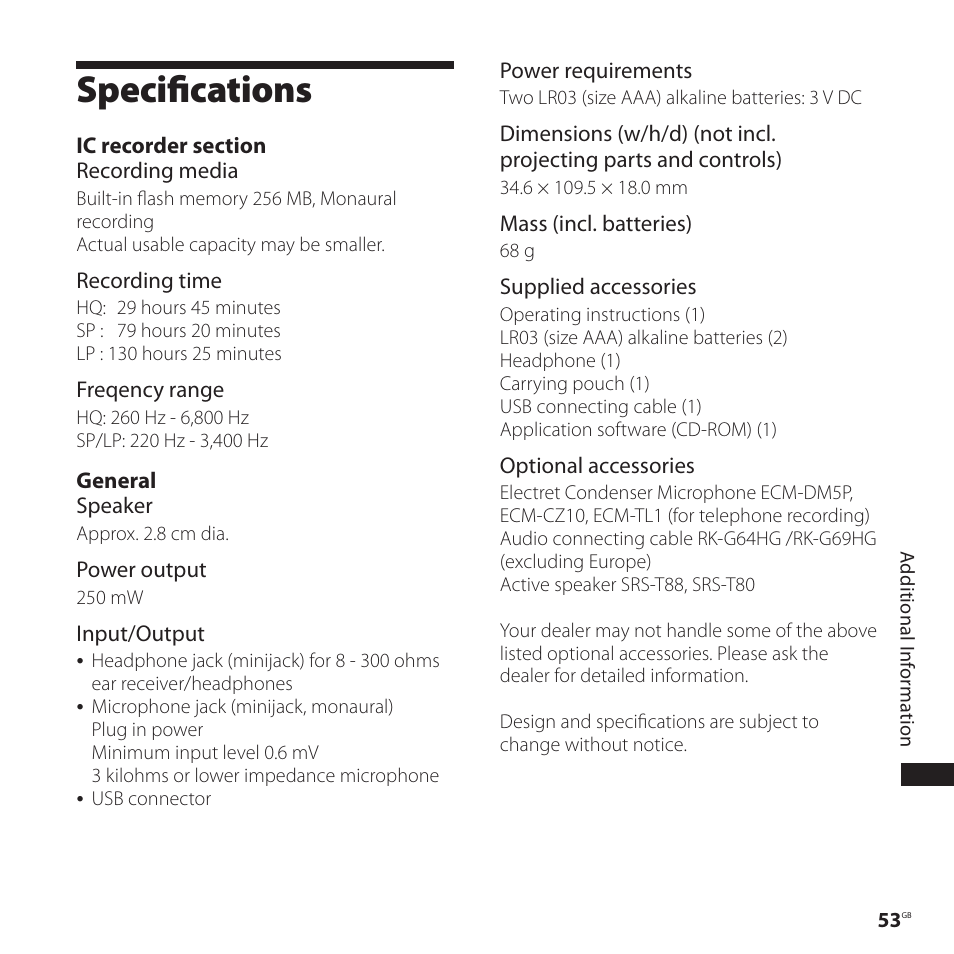 Specifications | Sony ICD-P520 User Manual | Page 53 / 56