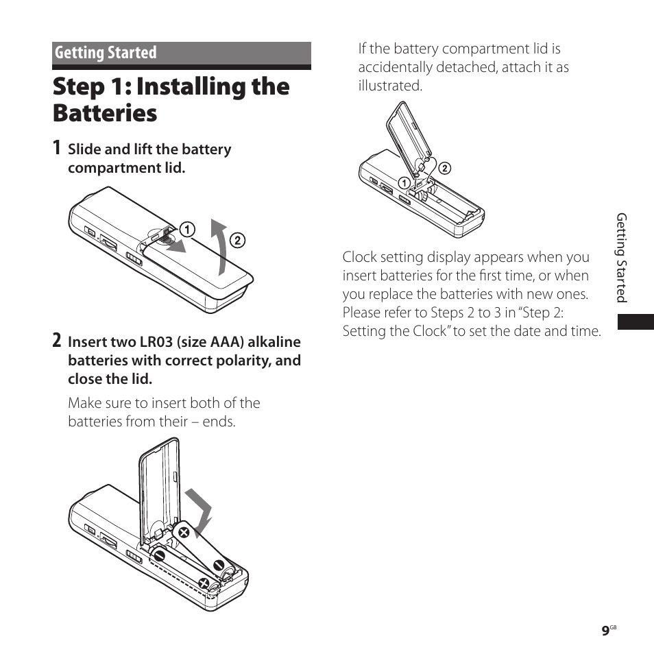 Getting started, Step 1: installing the batteries | Sony ICD-P520 User Manual | Page 9 / 56