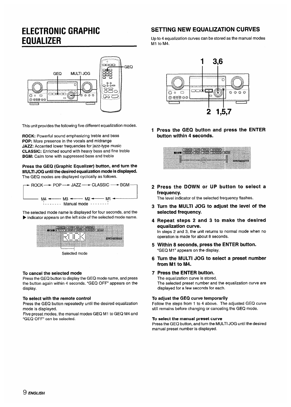 Electronic graphic equalizer, Setting new equalization curves, To cancel the selected mode | To select with the remote control, To adjust the geq curve temporarily, To select the manual preset curve, I................ii | Sony AV-DV75 User Manual | Page 10 / 72