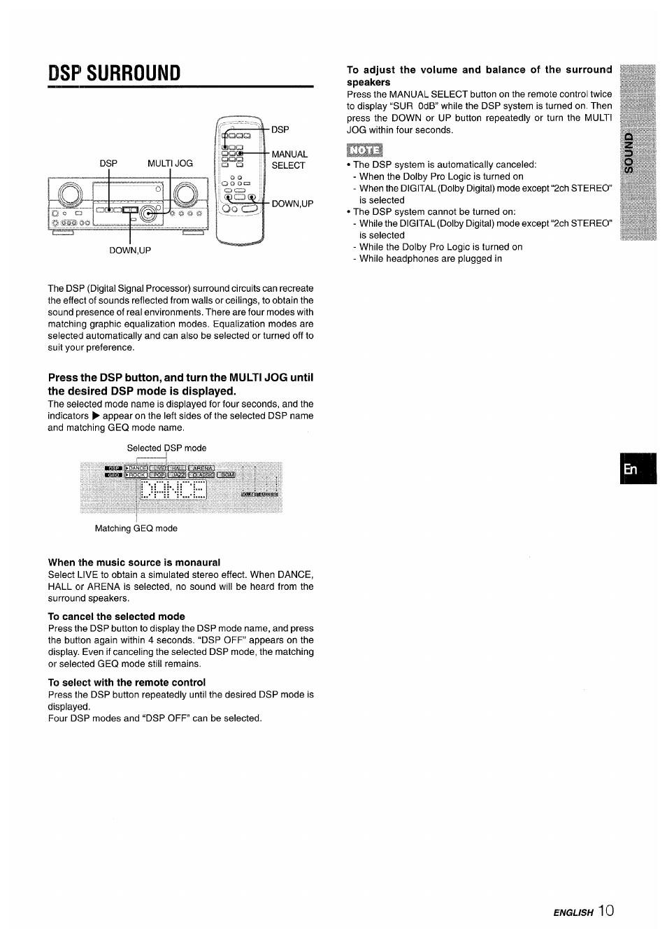 Dsp surround, When the music source is monaural, To cancel the selected mode | To select with the remote control | Sony AV-DV75 User Manual | Page 11 / 72